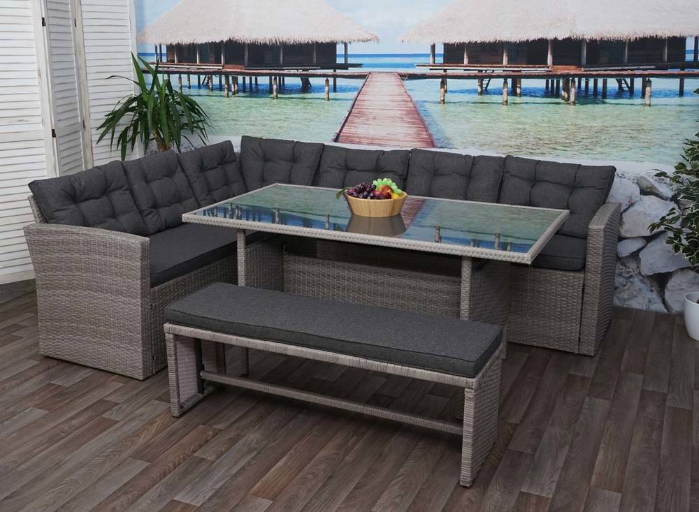 HW Gartenmöbel HWC-A29 Stahlgestell Poly-Rattan Bank Grau/Grau Tisch 145x80cm HW Gartenmöbel HWC-A29 Stahlgestell Poly-Rattan Bank Grau/Grau Tisch 145x80cm