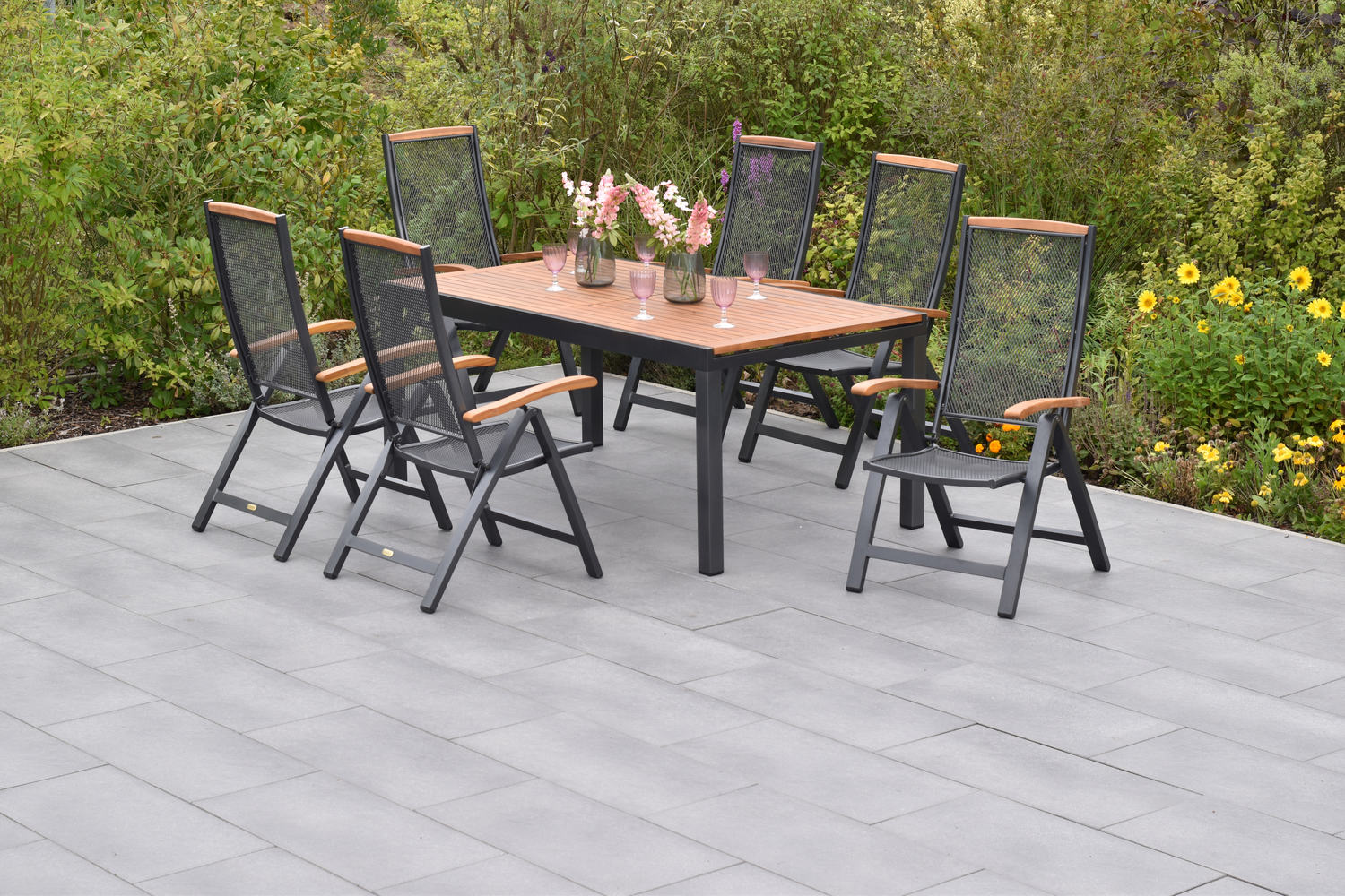 MX Gartenmöbel Tilos Set 7tlg. Klappessel graphit/natur Tisch 150/200x90cm MX Gartenmöbel Tilos Set 7tlg. Klappessel graphit/natur Tisch 150/200x90cm