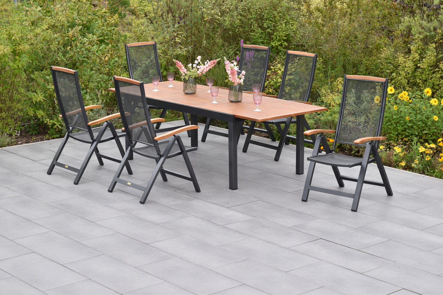 MX Gartenmöbel Tilos Set 7tlg. Klappessel graphit/natur Tisch 150/200x90cm MX Gartenmöbel Tilos Set 7tlg. Klappessel graphit/natur Tisch 150/200x90cm