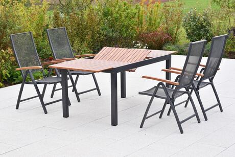 MX Gartenmöbel Thasos Set 5tlg. Klappsessel verstellbar Graphit/Grau Ausziehtisch 150/200x90cm