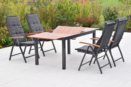 MX Gartenmöbel Thasos Set 9tlg. Klappsessel verstellbar Auflagen Graphit/Grau Ausziehtisch 150/200x90cm