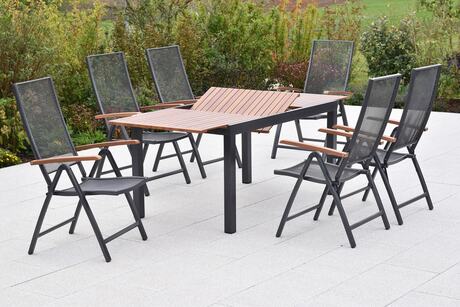 MX Gartenmöbel Thasos Set 7tlg. Klappsessel verstellbar Graphit/Grau Ausziehtisch 150/200x90cm