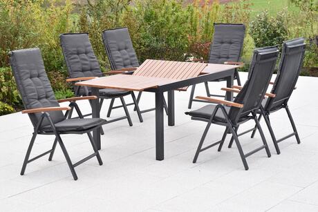 MX Gartenmöbel Thasos Set 13tlg. Klappsessel verstellbar Auflagen Graphit/Grau Ausziehtisch 150/200x90cm