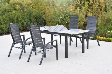 MX Gartenmöbel Siros Set 5tlg. Sessel verstellbar Gasdruckfeder Graphit Alu Ausziehtisch 150/200x90cm