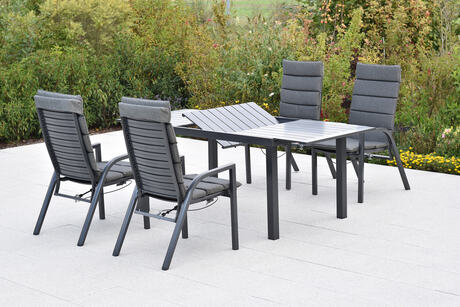 MX Gartenmöbel Siros Set 9tlg. Sessel verstellbar Gasdruckfeder Auflagen Graphit/Grau Alu Ausziehtisch 150/200x90cm