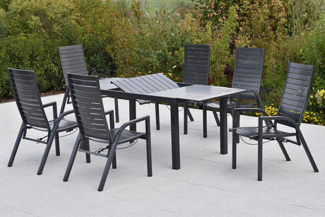 MX Gartenmöbel Siros Set 7tlg. Sessel verstellbar Gasdruckfeder Graphit/Grau Alu Ausziehtisch 150/200x90cm