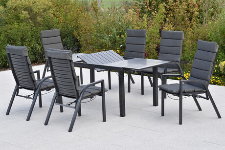 MX Gartenmöbel Siros Set 13tlg. Sessel verstellbarl Gasdruckfeder Auflagen Graphit/Grau Alu Ausziehtisch 150/200x90cm