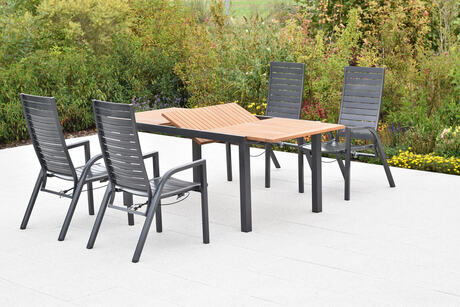 MX Gartenmöbel Siros Set 5tlg. Sessel verstellbar Gasdruckfeder Graphit/Grau Akazienholz Ausziehtisch 150/200x90cm
