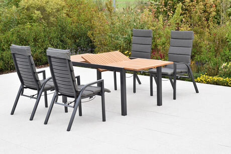 MX Gartenmöbel Siros Set 9tlg. Sessel verstellbar Gasdruckfeder Auflagen Graphit/Grau Akazienholz Ausziehtisch 150/200x90cm