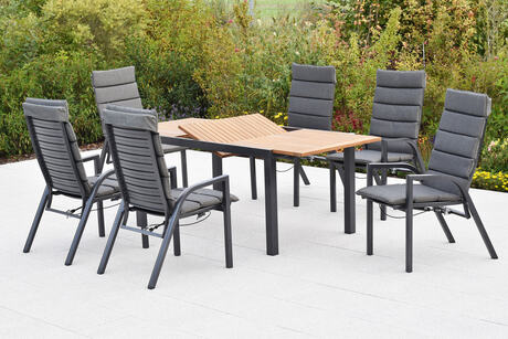 MX Gartenmöbel Siros Set 13tlg. Sessel verstellbar Gasdruckfeder Auflagen Graphit/Grau/Akazie Ausziehtisch 150/220x90cm