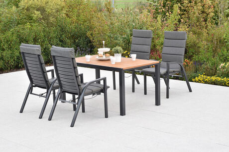 MX Gartenmöbel Siros Set 9tlg. Sessel verstellbar Gasdruckfeder Auflagen Graphit/Grau Akazienholz Tisch 150x90cm