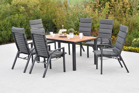 MX Gartenmöbel Siros Set 13tlg. Sessel verstellbarl Gasdruckfeder Auflagen Graphit/Grau Akazienholz Tisch 150x90cm