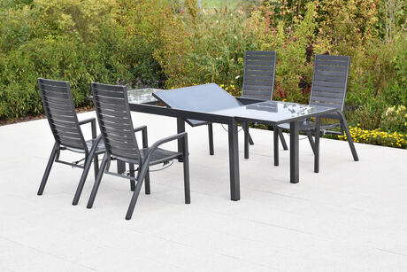 MX Gartenmöbel Siros Set 5tlg. Sessel verstellbar Gasdruckfeder Graphit/Grau Alu/Glas Ausziehtisch 150/210x90cm