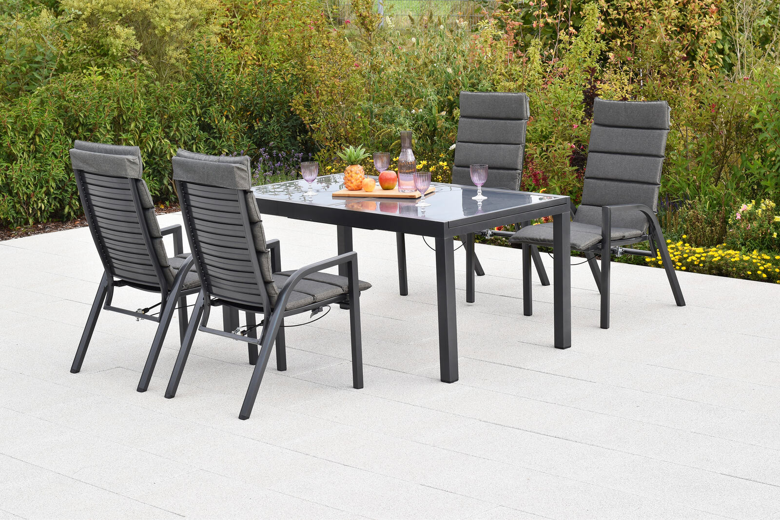 MX Gartenmöbel Siros Set 7tlg. Sessel verstellbar Gasdruckfeder Auflagen Graphit/GRau Glasplatte Ausziehtisch 150/210x90cm MX Gartenmöbel Siros Set 7tlg. Sessel verstellbar Gasdruckfeder Auflagen Graphit/GRau Glasplatte Ausziehtisch 150/210x90cm