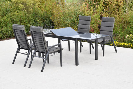 MX Gartenmöbel Siros Set 7tlg. Sessel verstellbar Gasdruckfeder Auflagen Graphit/GRau Glasplatte Ausziehtisch 150/210x90cm