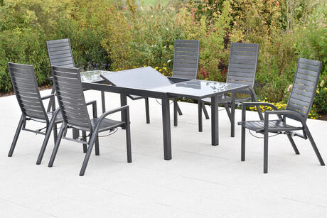 MX Gartenmöbel Siros Set 7tlg. Sessel verstellbar Gasdruckfeder Graphit Glasplatte Ausziehtisch 150/210x90cm