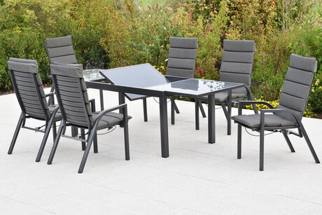 MX Gartenmöbel Siros Set 13tlg. Sessel verstellbar Gasdruckfeder Auflagen Graphit/Grau Glasplatte Ausziehtisch 150/210x90cm