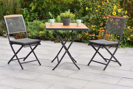 MX Gartenmöbel Set 3tlg. Patmos Klappsessel Stahl Sitzkissen Akazienholz Klapptisch 70x70cm