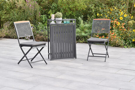 MX Gartenmöbel Set 3tlg. Patmos Klappsessel Stahl Sitzkissen Akazienholz Alu Klapptisch 91x60cm