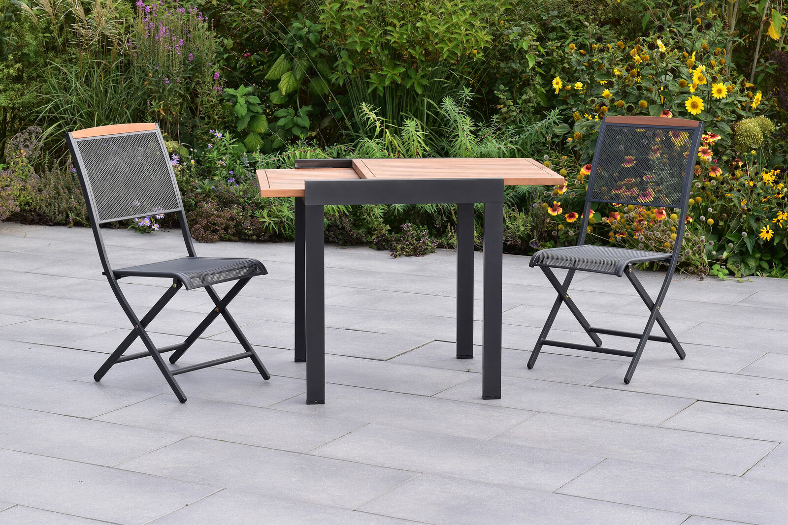 MX Gartenmöbel Set 3tlg. Patmos Klappsessel Stahl Akazienholz Alu Ausziehtisch 65/130x65cm MX Gartenmöbel Set 3tlg. Patmos Klappsessel Stahl Akazienholz Alu Ausziehtisch 65/130x65cm