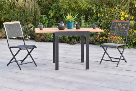 MX Gartenmöbel Set 3tlg. Patmos Klappsessel Stahl Akazienholz Alu Ausziehtisch 65/130x65cm
