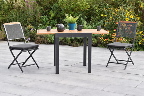 MX Gartenmöbel Set 3tlg. Patmos Klappsessel Stahl Sitzkissen Akazienholz Alu Ausziehtisch 65/130x65cm