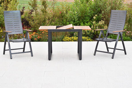 MX Gartenmöbel Set 3tlg. Tinos Alu Klappsessel Akazienholz Ausziehtischtisch 80/120x70cm