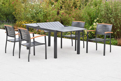 MX Gartenmöbel Set 5tlg. Tinos Alu Stapelsessel Akazienholz Ausziehtischtisch 150/200x90cm