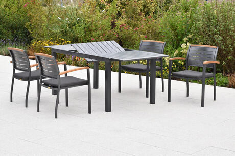 MX Gartenmöbel Set 9tlg. Tinos Alu Stapelsessel Sitzkissen Akazienholz Ausziehtischtisch 150/200x90cm