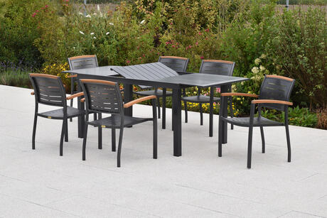 MX Gartenmöbel Set 7tlg. Tinos Alu Stapelsessel Akazienholz Ausziehtischtisch 150/200x90cm