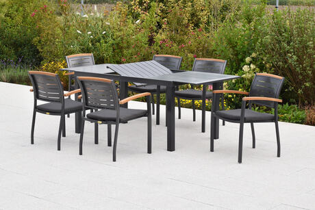 MX Gartenmöbel Set 13tlg. Tinos Alu Stapelsessel Sitzkissen Akazienholz Ausziehtischtisch 150/200x90cm