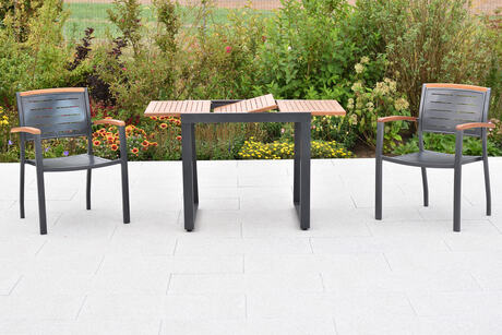 MX Gartenmöbel Set 3tlg. Tinos Alu Stapelsessel Akazienholz Ausziehtischtisch 80/120x70cm