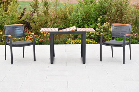 MX Gartenmöbel Set 5tlg. Tinos Alu Stapelsessel Sitzkissen Akazienholz Ausziehtischtisch 80/120x70cm
