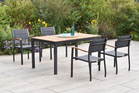 MX Gartenmöbel Paxos 5tlg. Set Stapelsessel gepolstert Graphit/Grau Akazienholz Tisch 150x90cm