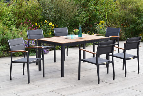 MX Gartenmöbel Paxos 7tlg. Set Stapelsessel gepolstert Graphit/Grau Akazienholz Tisch 150x90cm