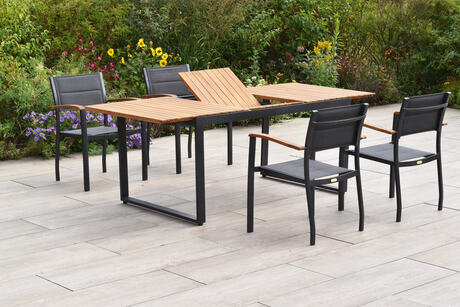 MX Gartenmöbel Paxos 5tlg. Set Stapelsessel gepolstert Graphit/Grau Akazienholz Ausziehtisch 150/200x90cm