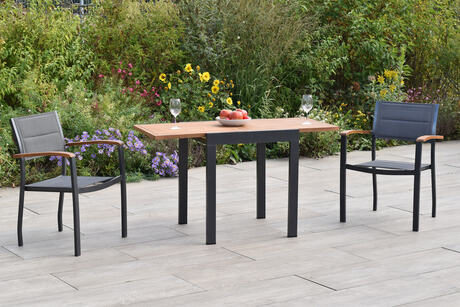MX Gartenmöbel Paxos 3tlg. Set Stapelsessel gepolstert Graphit/Grau Akazienholz Ausziehtisch 65/130x65cm