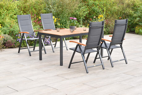 MX Gartenmöbel Paxos 5tlg. Set Klappsessel gepolstert Graphit/Grau Akazienholz Tisch 150x90cm