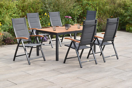MX Gartenmöbel Paxos 7tlg. Set Klappsessel gepolstert Graphit/Grau Akazienholz Tisch 150x90cm