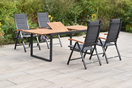 MX Gartenmöbel Paxos 5tlg. Set Klappsessel gepolstert Graphit/Grau Akazienholz Ausziehtisch 150/200x90cm