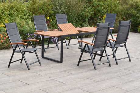 MX Gartenmöbel Paxos 7tlg. Set Klappsessel gepolstert Graphit/Grau Akazienholz Ausziehtisch 150/200x90cm