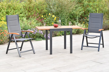 MX Gartenmöbel Paxos 3tlg. Set Klappsessel gepolstert Graphit/Grau Ausziehtisch 65/130x65cm
