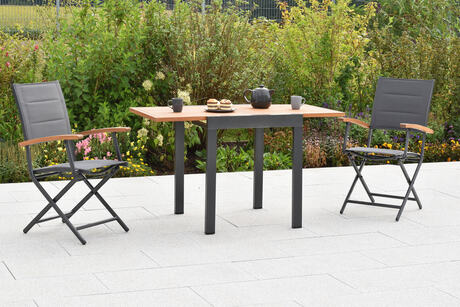 MX Gartenmöbel Paxos 3tlg. Set Klappsessel gepolstert Graphit/Grau Akazienholz Ausziehtisch 65/130x65cm