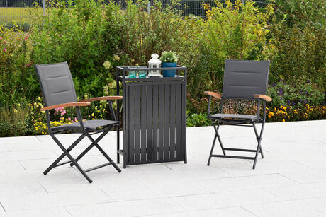 MX Gartenmöbel Paxos 3tlg. Set Klappsessel gepolstert Graphit/Grau Akazienholz Klapptisch 91x60cm