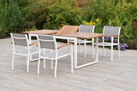 MX Gartenmöbel Naxos Set 5tlg. Stapelsessel Aluminium Weiß/Grau Ausziehtisch 150/200x90cm