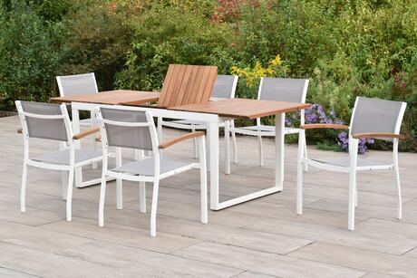 MX Gartenmöbel Naxos Set 7tlg. Stapelsessel Aluminium Weiß/Grau Ausziehtisch 150/200x90cm