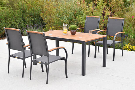 MX Gartenmöbel Set 5tlg. Siena Stapelsessel Graphit/Grau/Akazienholz Alu Tisch 150x90cm