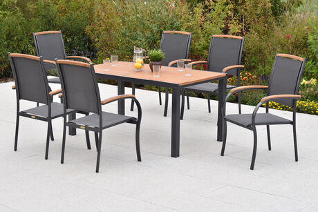 MX Gartenmöbel Set 7tlg. Siena Stapelsessel Graphit/Grau/Akazienholz Alu Tisch 150x90cm
