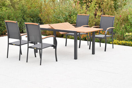 MX Gartenmöbel Set 5tlg. Siena Stapelsessel Graphit/Grau/Akazienholz Alu Ausziehtisch 150/200x90cm