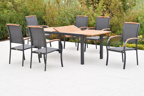 MX Gartenmöbel Set 7tlg. Siena Stapelsessel Graphit/Grau/Akazienholz Alu Ausziehtisch 150/200x90cm